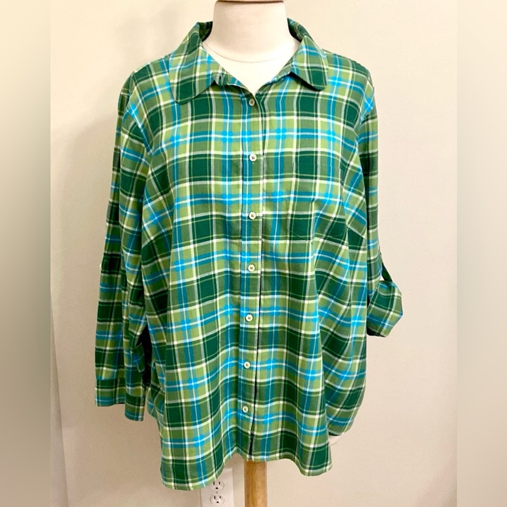 Talbots Woman Petite Green Blue Plaid 3XP Preppy Academia Coastal Cabincore Top